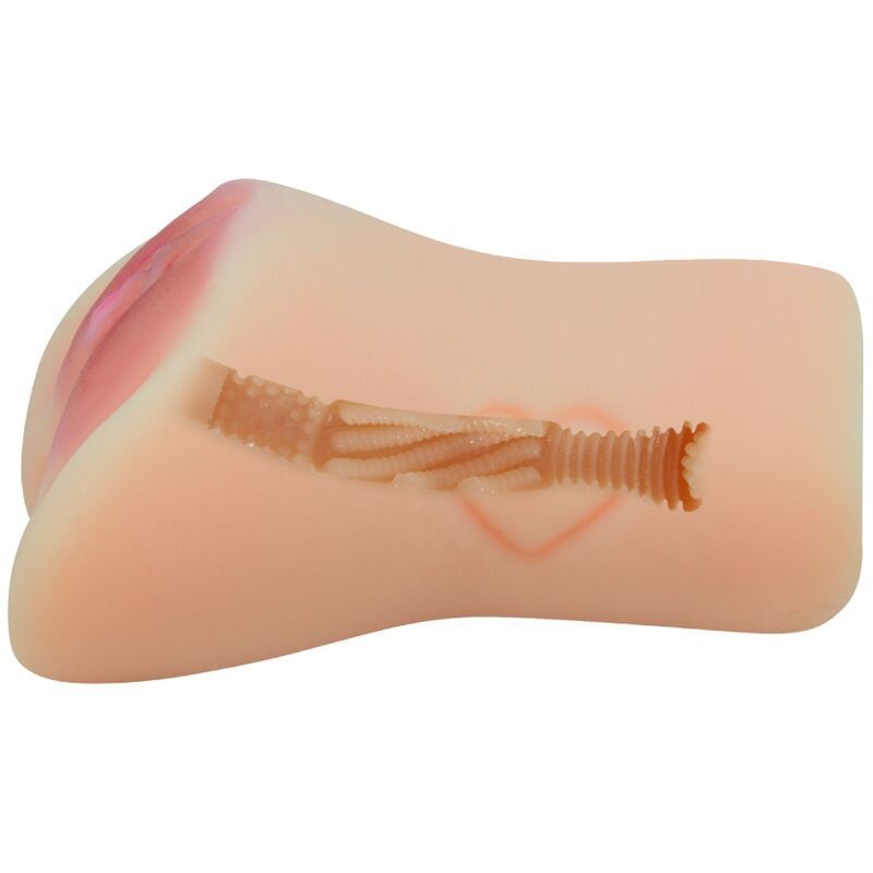 Fleischfarbener Masturbator, seitliche Ansicht. Mit geripptem Tunnel und Herz-Design.