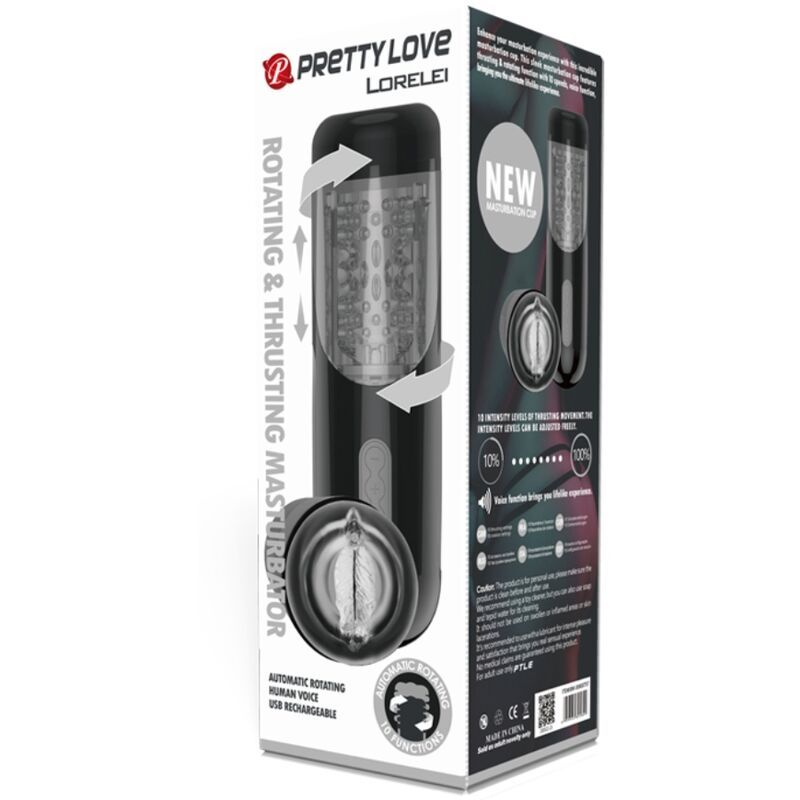 Verpackung des Pretty Love Lorelei Masturbators mit Produktabbildungen und Funktionen.