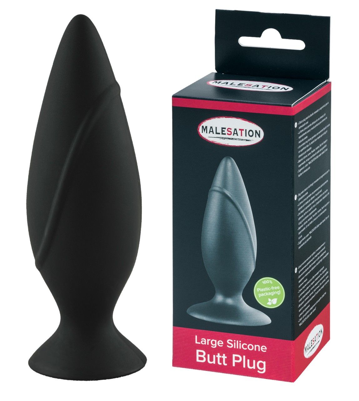Schwarzer Silikon-Plug mit breiter Basis und gerillter Oberfläche. Verpackung zeigt Produktabbildung und Markennamen.