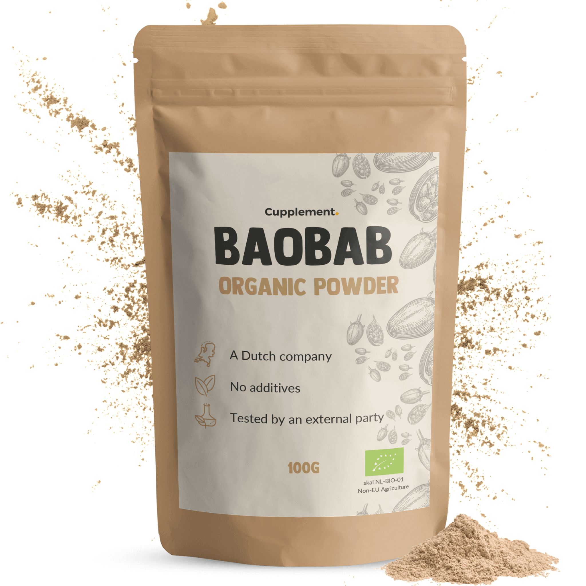 Beutel mit Cupplement Baobab Pulver. Aufschrift: Baobab Organic Powder, 100g. Bio-Siegel.
