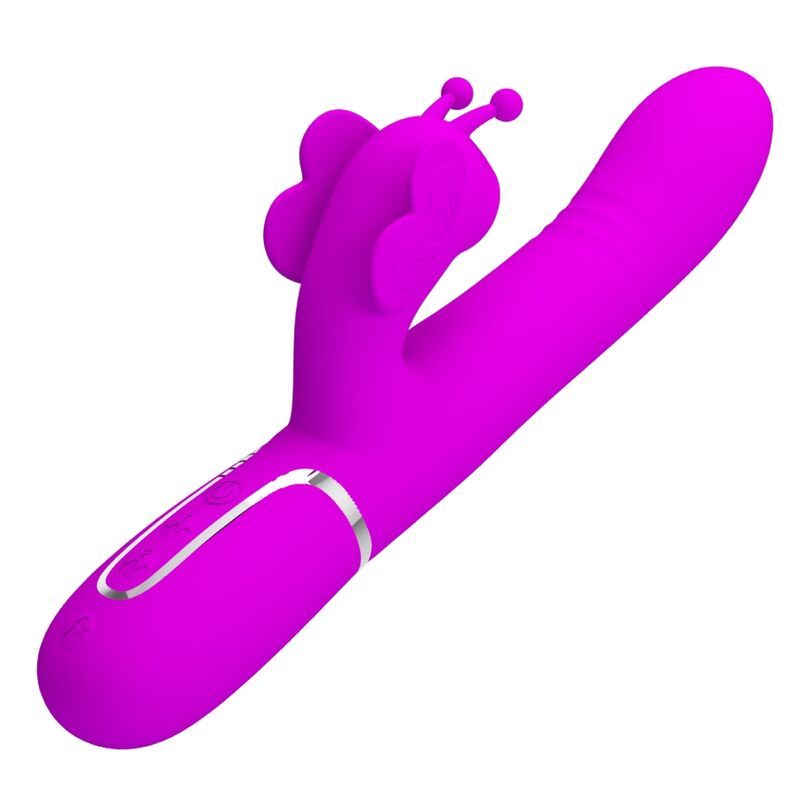Lila Vibrator mit Hasenohren und zwei Kugeln am Kopf. Glatter Schaft mit silbernem Ring am Griff.