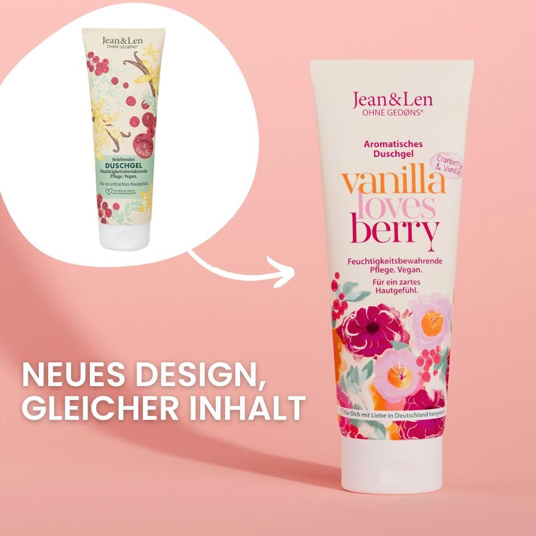 Vergleich von zwei Duschgel-Tuben. Links: älteres Design. Rechts: neues Design. Text: "NEUES DESIGN, GLEICHER INHALT".