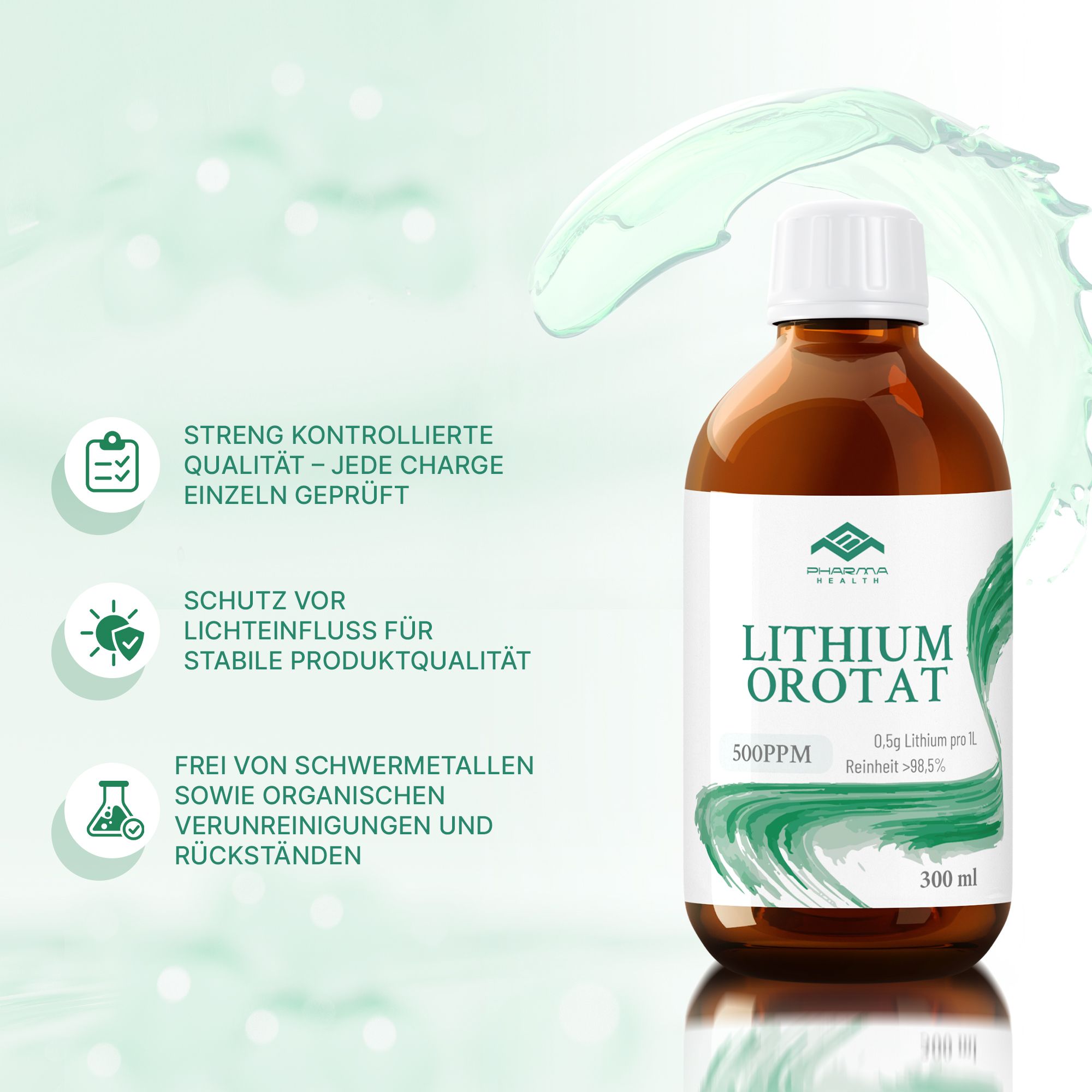Braunglasflasche mit weißem Deckel. Etikett mit "Lithium Orotat" und "Pharma Health". Text: 300 ml, 500 PPM, Reinheit >98,5%.