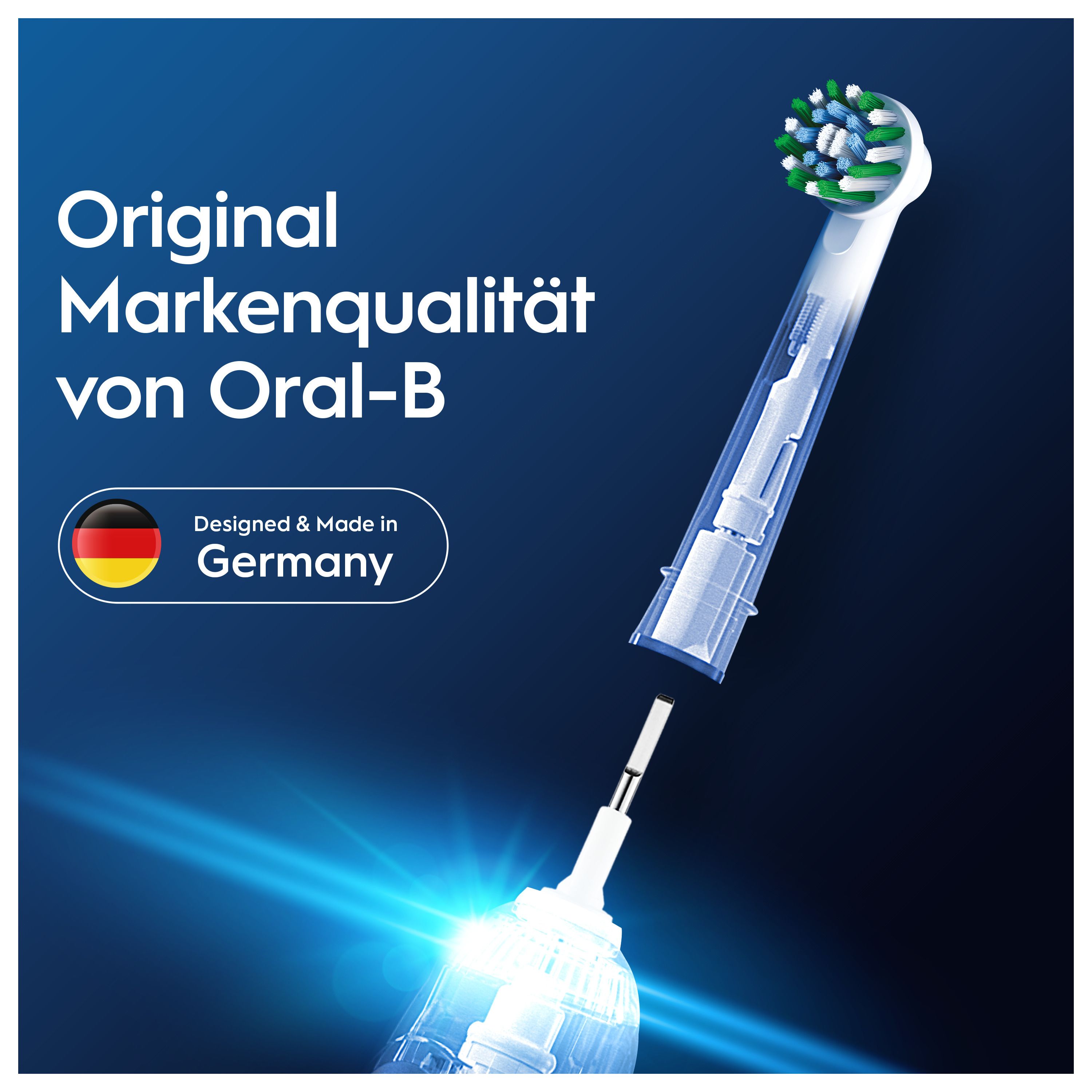Explosionszeichnung einer elektrischen Zahnbürste. Text: Original Markenqualität von Oral-B. Made in Germany.