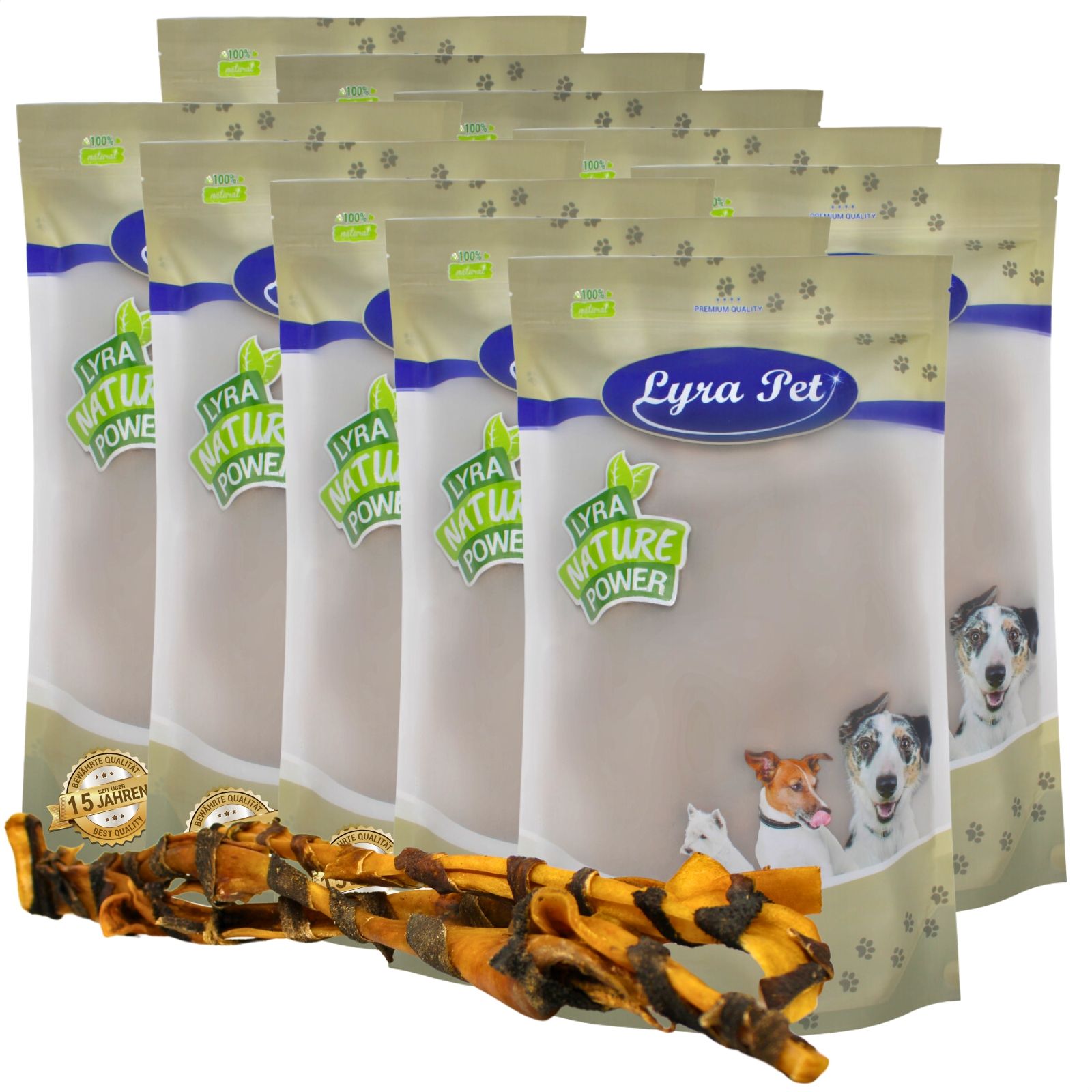 Mehrere Packungen Lyra Pet® Rinderkopfhautstangen mit Pansen, mit Hundebildern und dem Hinweis '15 Jahren'. Ein Kauartikel liegt davor.