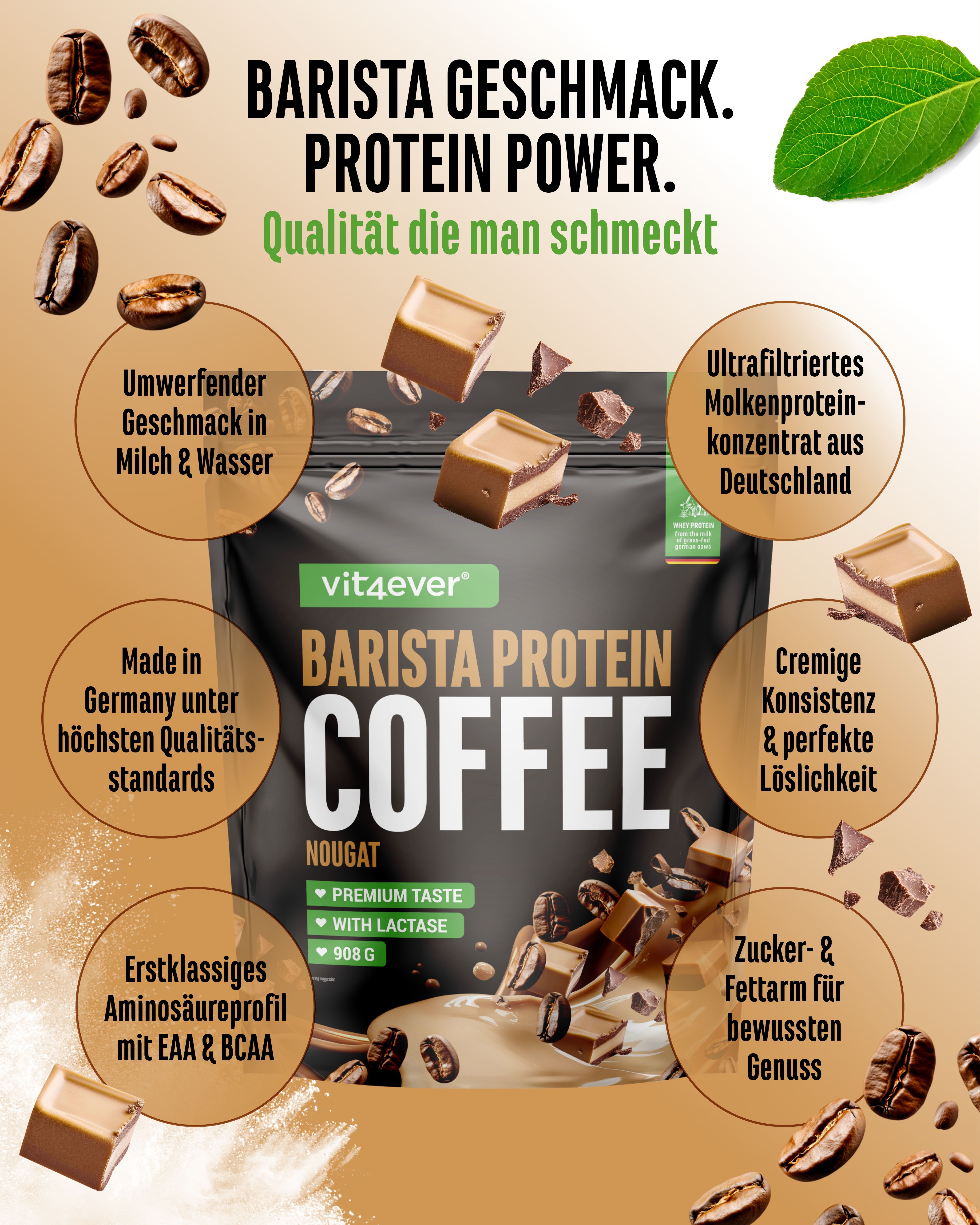 Verpackung "vit4ever Barista Protein Coffee Nougat". Enthält Informationen über Inhaltsstoffe und Nährwerte. 908g.
