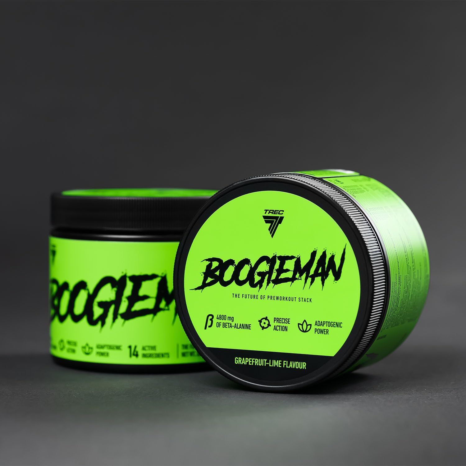 Zwei grüne Behälter mit der Aufschrift "BOOGIEMAN". Einer zeigt "Grapefruit-Lime Flavour".