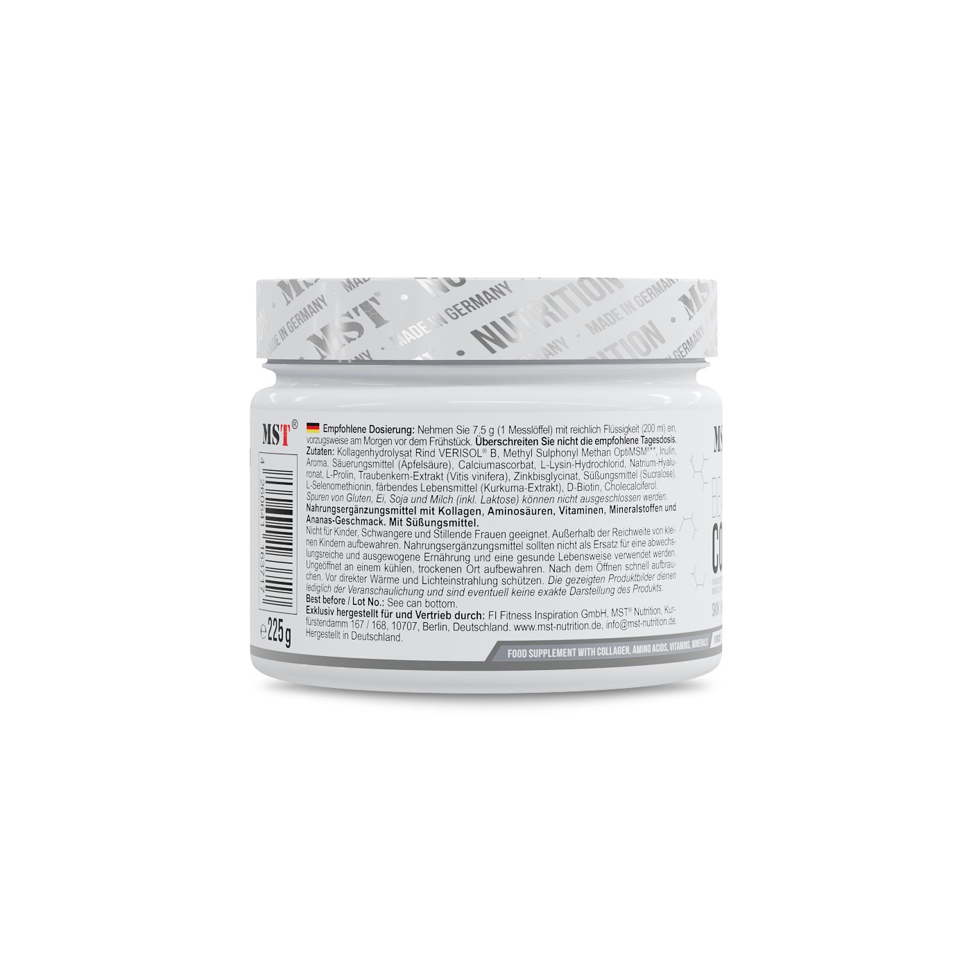 Rückseite einer MST Beauty Collagen Dose mit Anwendungshinweisen und Gewicht 225g.