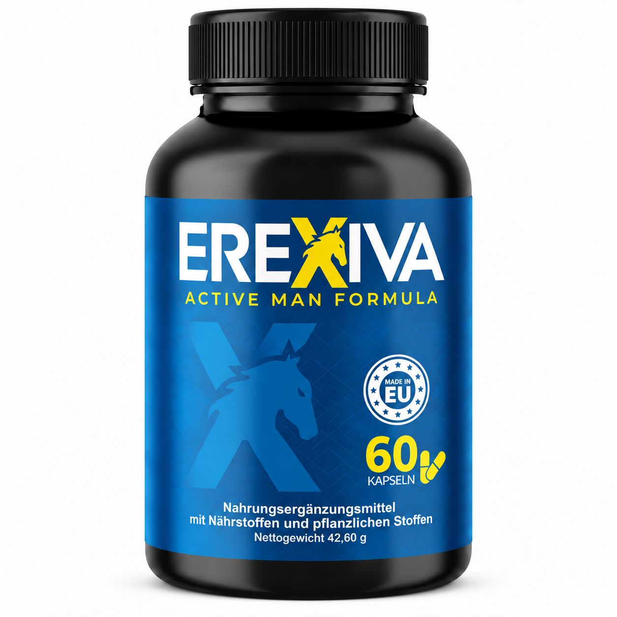Schwarze Kapsel-Flasche mit blauem Etikett. Enthält 60 Kapseln. Marke: EREXIVA. "Active Man Formula".