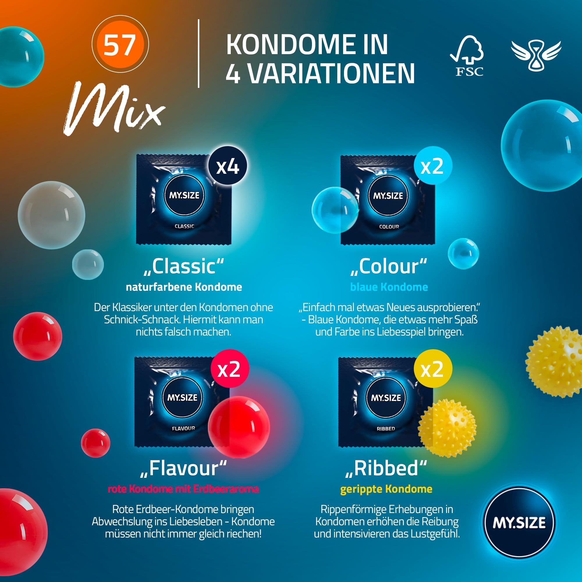 MY.SIZE Kondome in 4 Varianten: Classic, Colour, Flavour, Ribbed. FSC-zertifiziert.