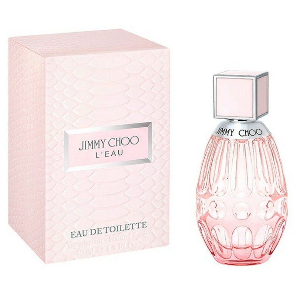 Jimmy Choo L'Eau Eau de Toilette, Flakon und Verpackung. Rosa Flakon, weiße Schachtel mit Logo.