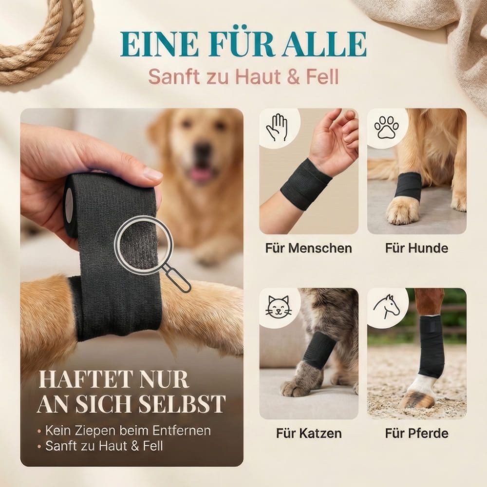 Bandage wird an Mensch, Hund, Katze und Pferd gezeigt. Text: Eine für alle. Haftet nur an sich selbst. Sanft zu Haut & Fell.