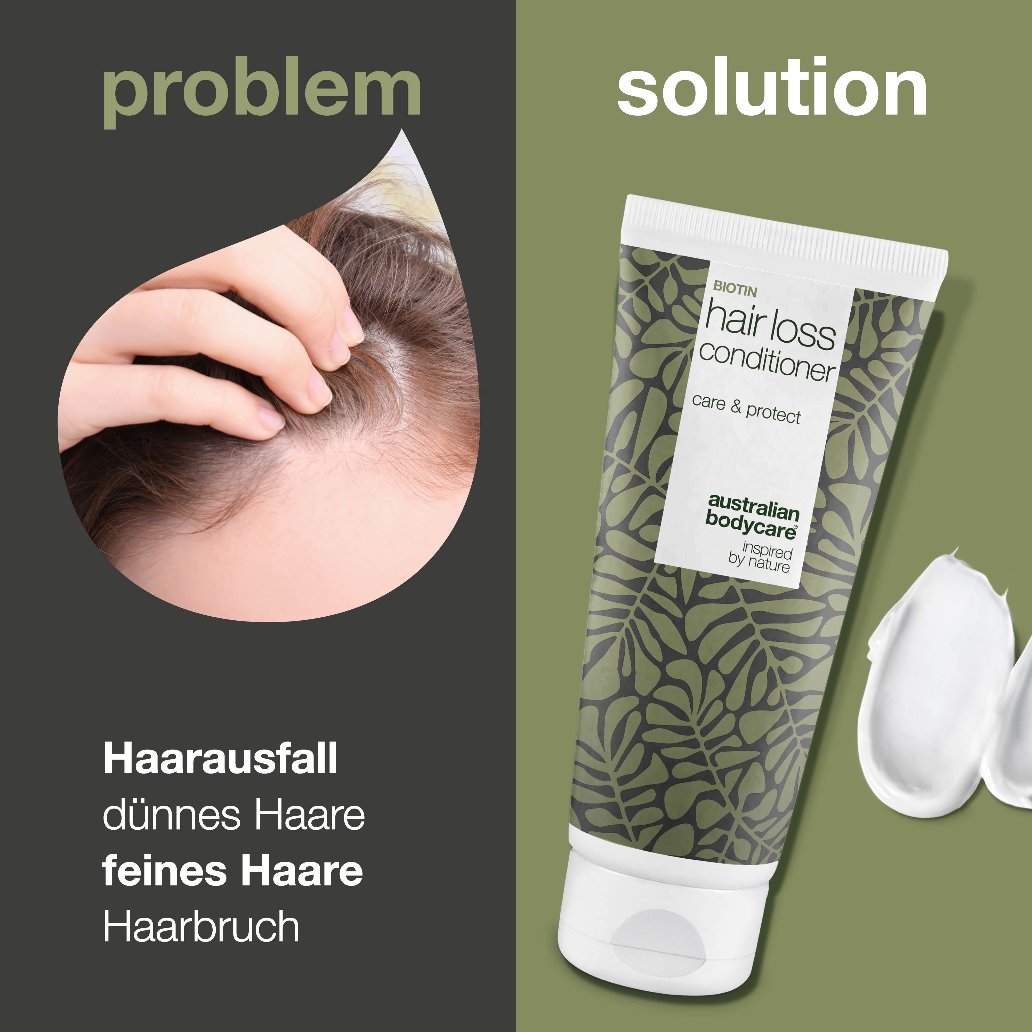 Problem-Lösung-Konzept. Haarausfall, dünnes Haar, feines Haar, Haarbruch. Tube Conditioner.