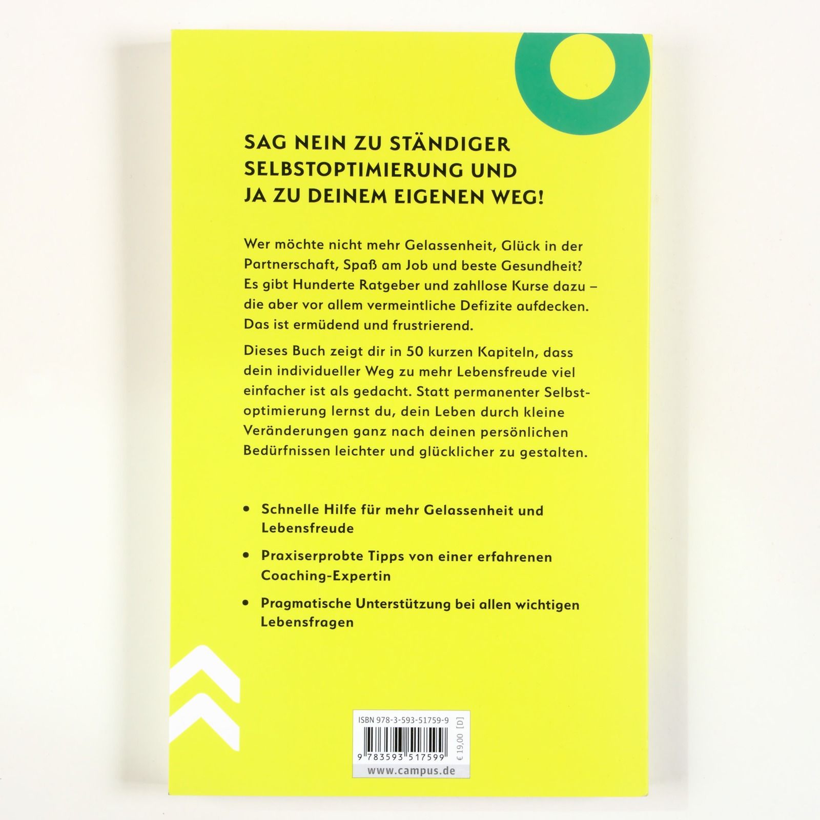 Rückseite des Buches "Für Coaching habe ich keine Zeit!". Gelber Hintergrund, Text in Schwarz. ISBN und Verlagslogo.