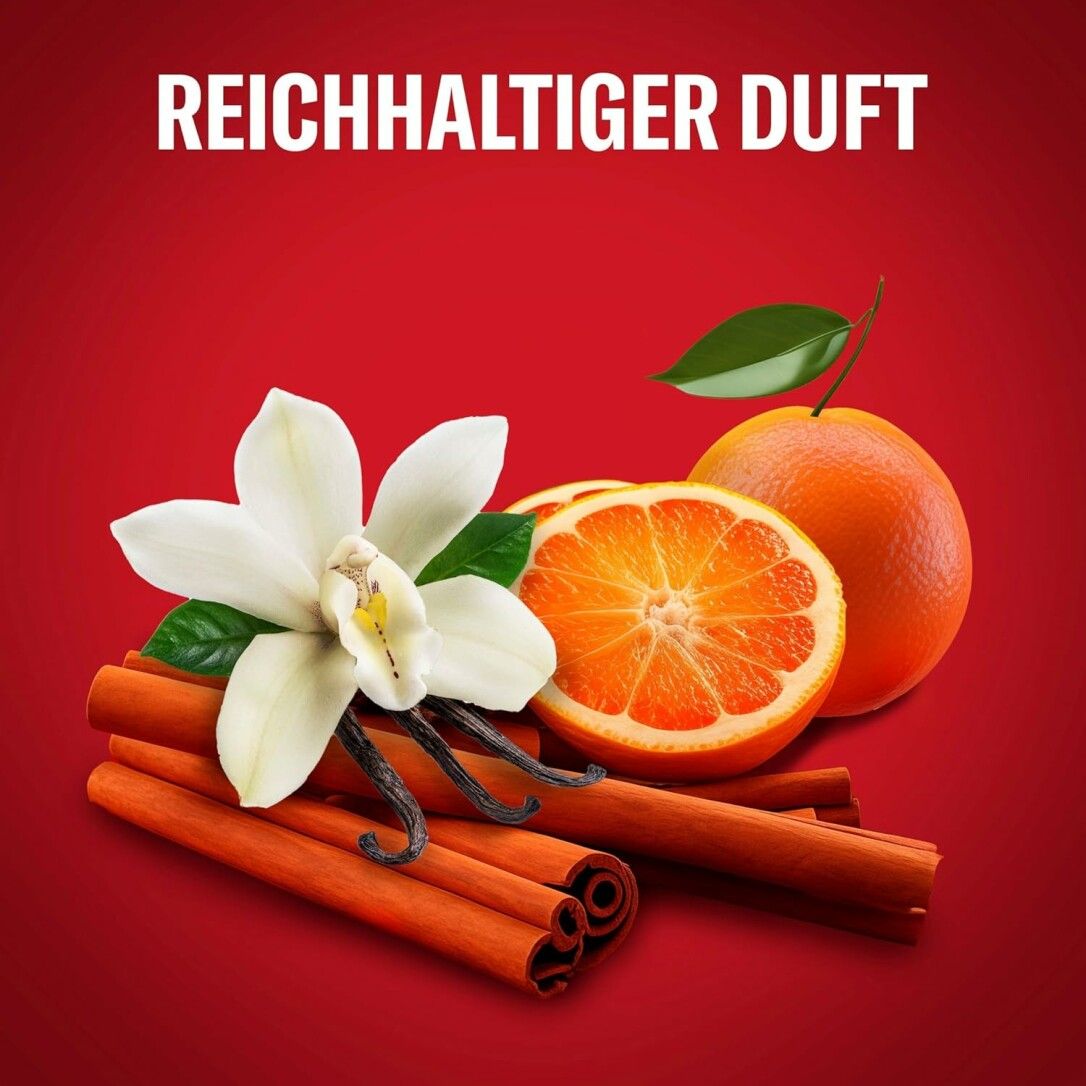 Vanilleblüte, Zimtstangen und eine Orange auf rotem Hintergrund. Text: Reichhaltiger Duft.