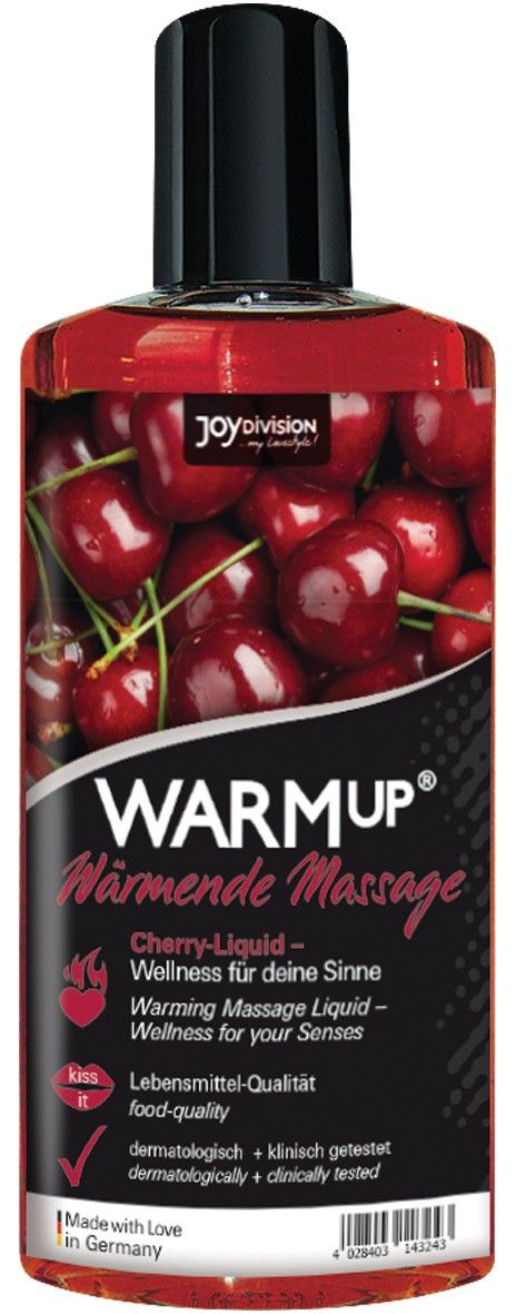 Flüssigkeit in einer Flasche mit Kirschmotiv. Aufschrift: WARMUP, wärmende Massage. Mit Zertifizierungen.