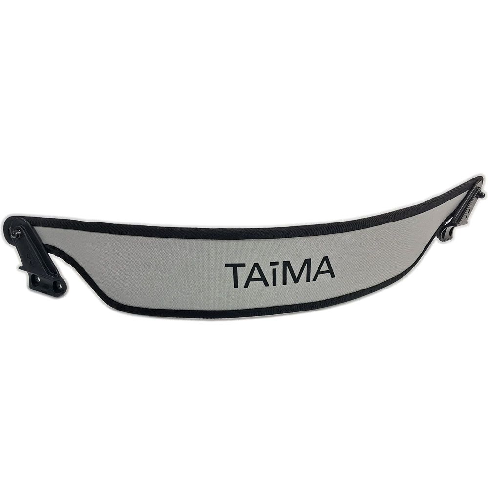 Grauer, gebogener Rückengurt mit schwarzem Rand und dem Schriftzug "TAiMA". An den Enden befinden sich schwarze Halterungen.