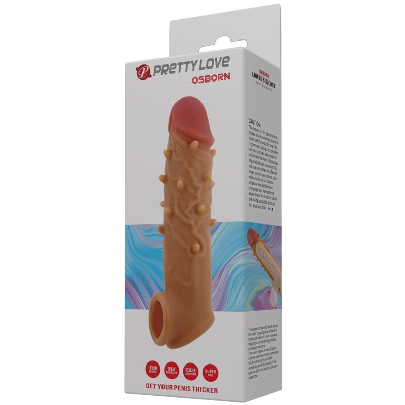 Verpackung von Pretty Love Osborn. Penishülle mit Hodensackring. Produktabbildung. Markenname und Produktname sichtbar.