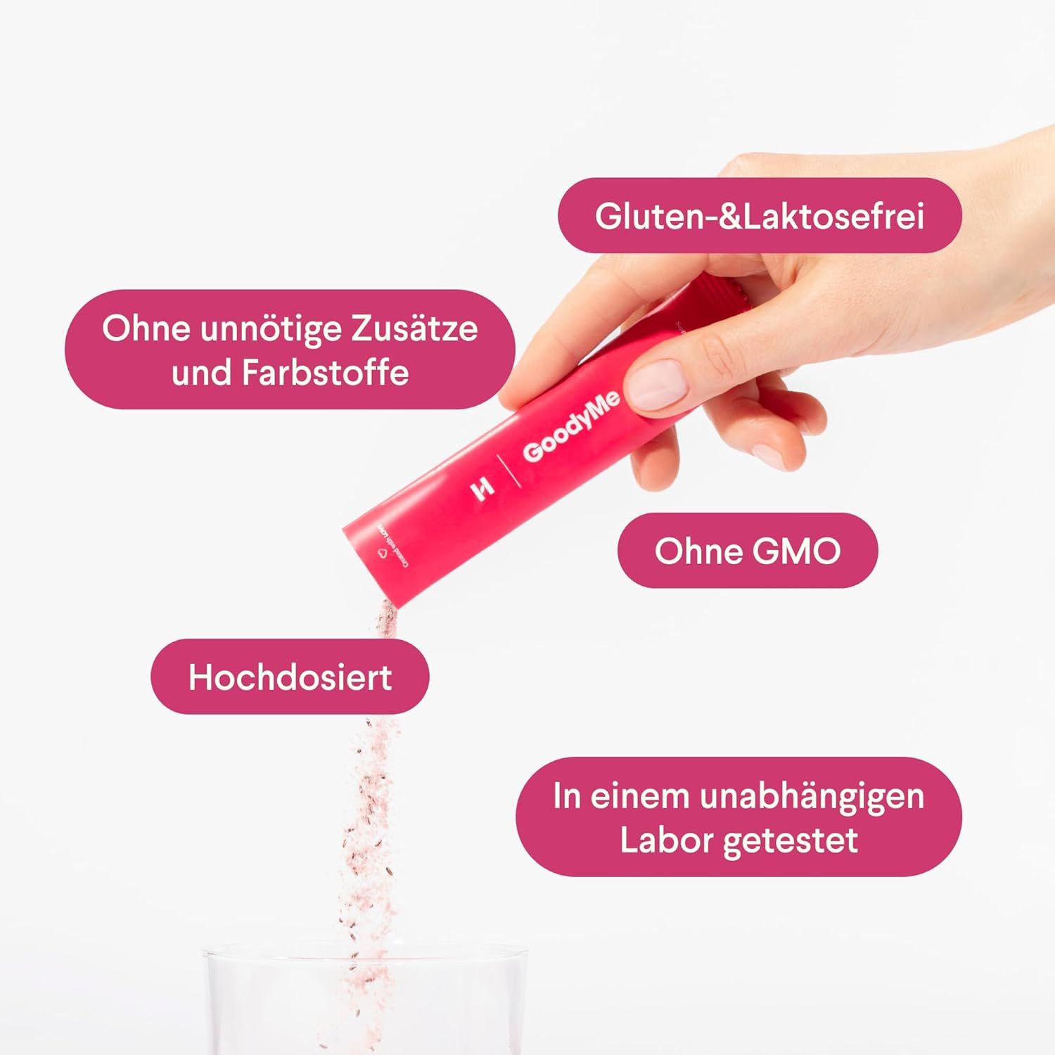 Hand hält roten GoodyMe-Beutel. Text: Ohne unnötige Zusätze und Farbstoffe, hochdosiert, gluten-&laktosefrei, ohne GMO, in einem unabhängigen Labor getestet.