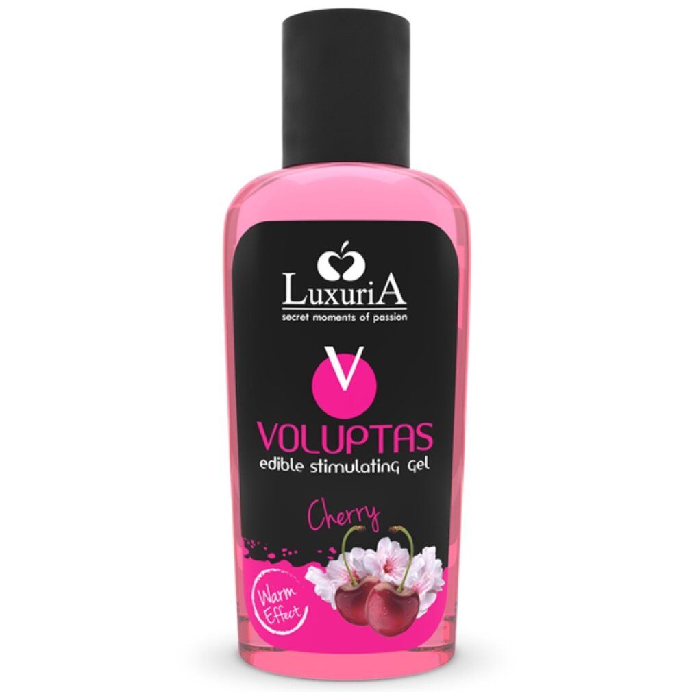 Rosa Flüssigkeit in Flasche mit schwarzem Etikett. Schriftzug: Luxuria, Voluptas, Cherry. Abbildung von Kirschen.