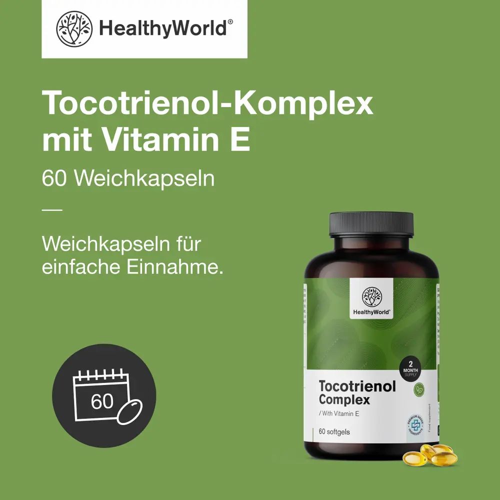 HealthyWorld Tocotrienol Komplex mit Vitamin E, 60 Weichkapseln, einfache Einnahme.