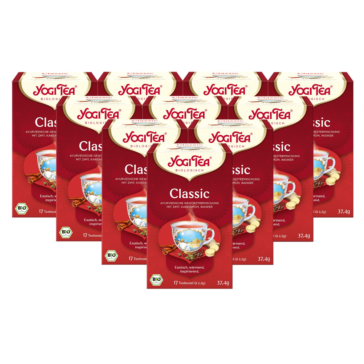 Mehrere Packungen Yogi Tea Classic Bio Gewürztee. Rote Verpackung mit Logo und Produktbezeichnung. Bio-Siegel.