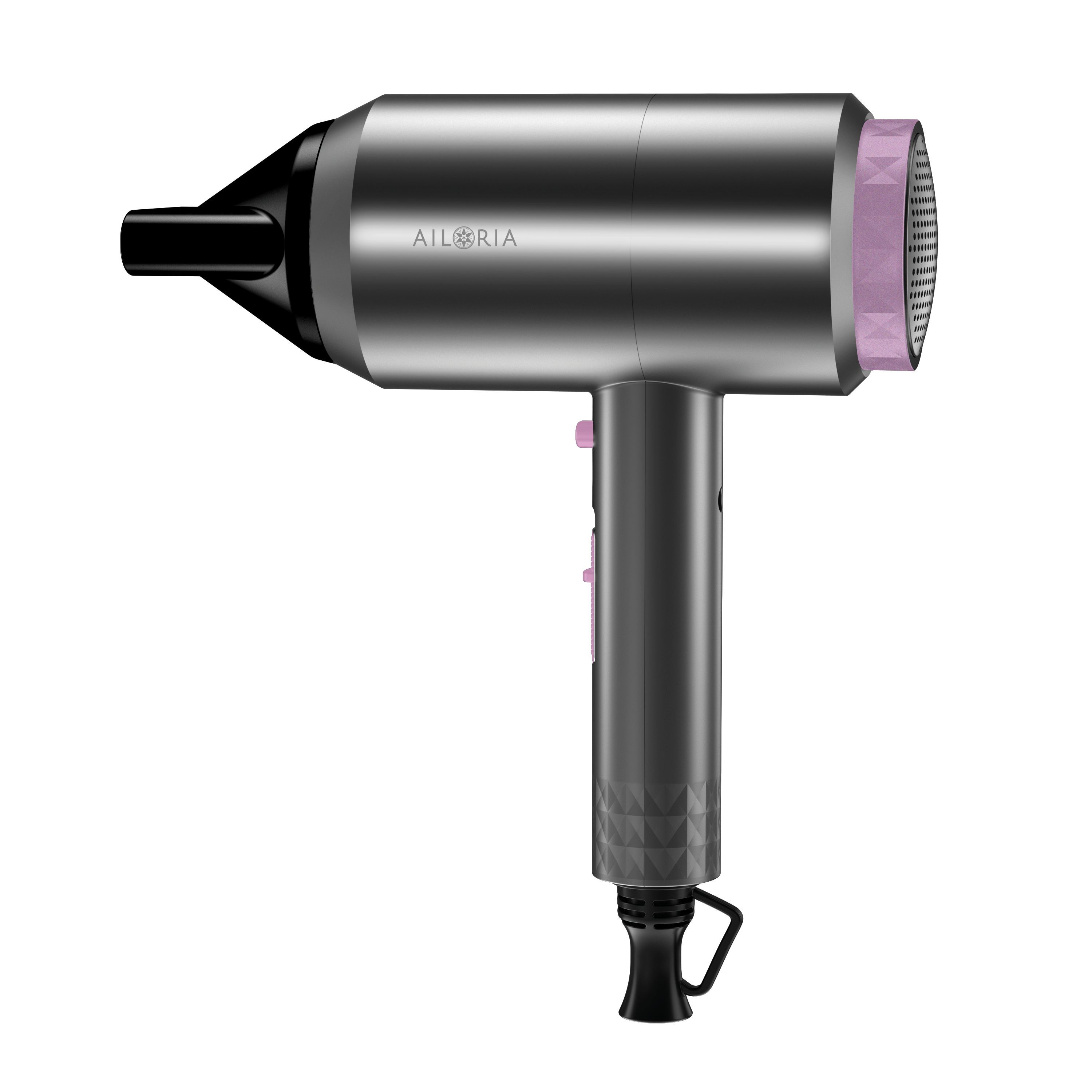 Haartrockner, grau-schwarz mit rosa Akzenten. AILORIA-Logo. Zylindrischer Griff, Düse, Luftauslass. Aufhängeöse.