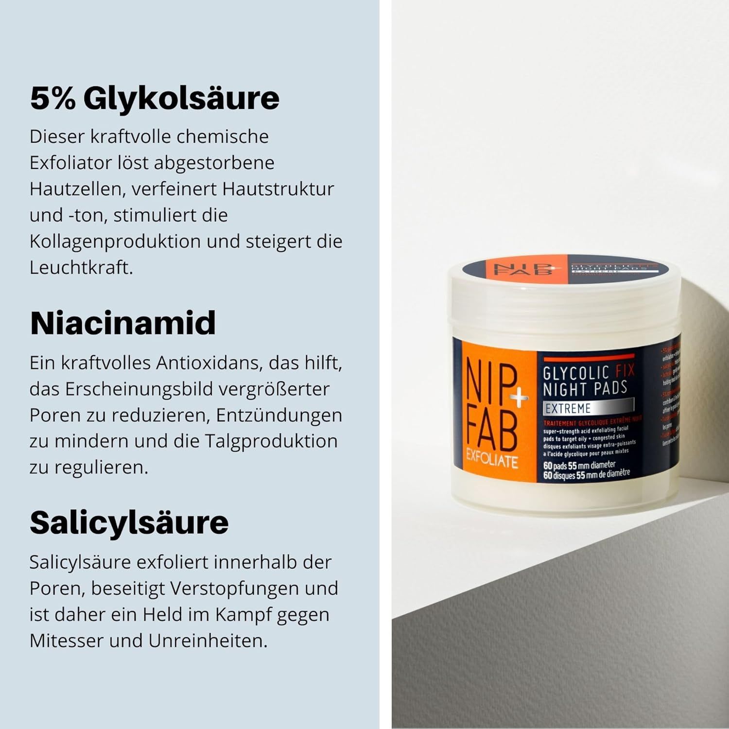 Produktbeschreibung und Tiegel mit NIP+FAB GLYCOLIC FIX NIGHT PADS EXTREME. Inhaltsstoffe: 5% Glykolsäure, Niacinamid, Salicylsäure.