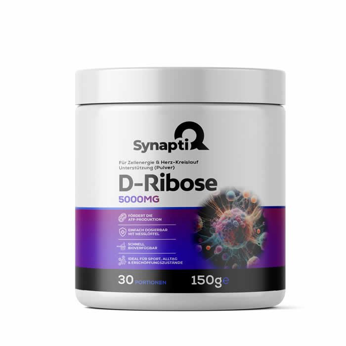 Weißer Behälter mit SynaptiQ D-Ribose. Enthält 150g Pulver, 30 Portionen. Aufschrift: 5000mg.