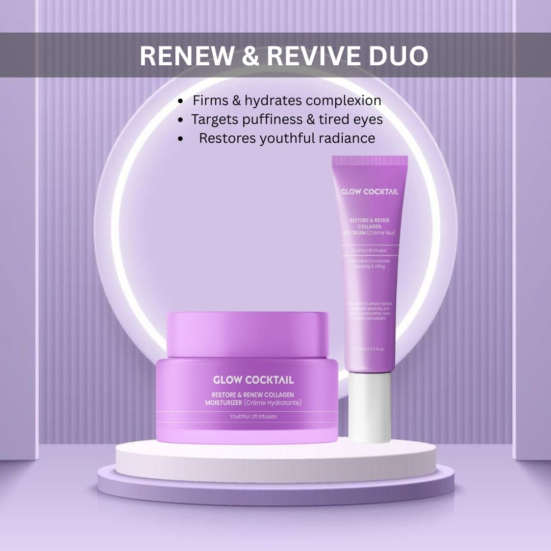 Zwei lila Kosmetikprodukte auf einem Podest. Text: Renew & Revive Duo, Glow Cocktail, Restore & Renew Collagen, Augencreme.