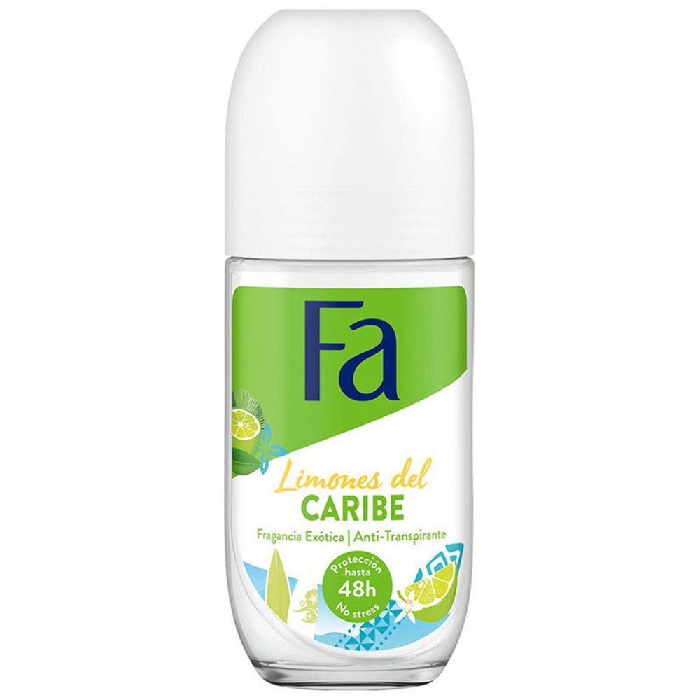 Fa Limones del Caribe Roll-on Deodorant mit 48h Schutz und Zitronen-Motiv.