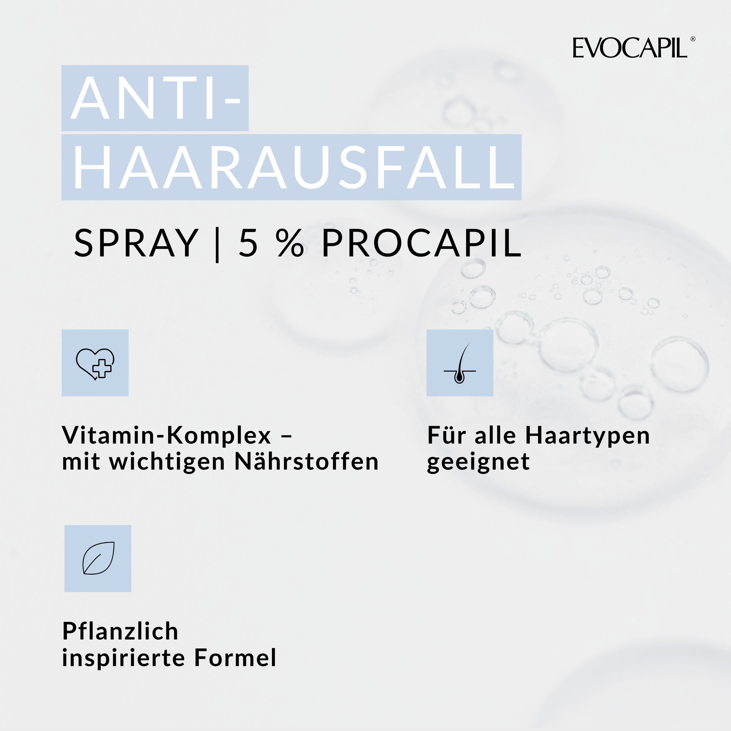 Spray gegen Haarausfall. Enthält 5% Procopil. Für alle Haartypen geeignet. Pflanzliche Formel.