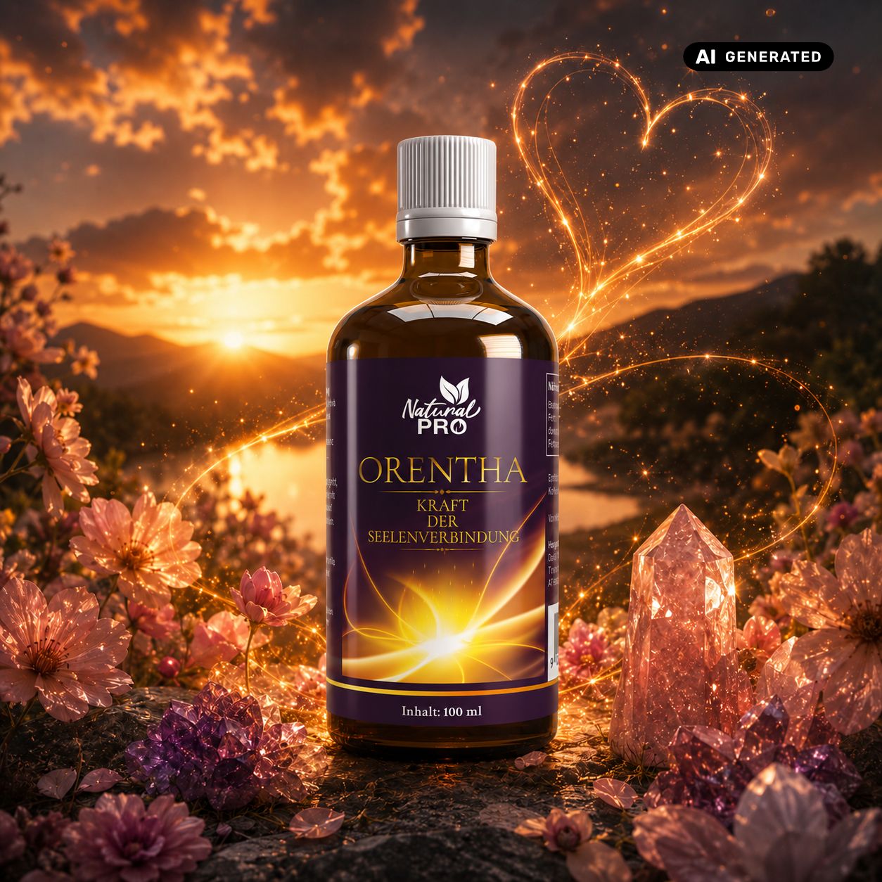 Braune Glasflasche mit weißem Schraubverschluss, umgeben von Blumen und Kristallen bei Sonnenuntergang. Das Etikett zeigt den Produktnamen und eine stilisierte Darstellung von Energie.
