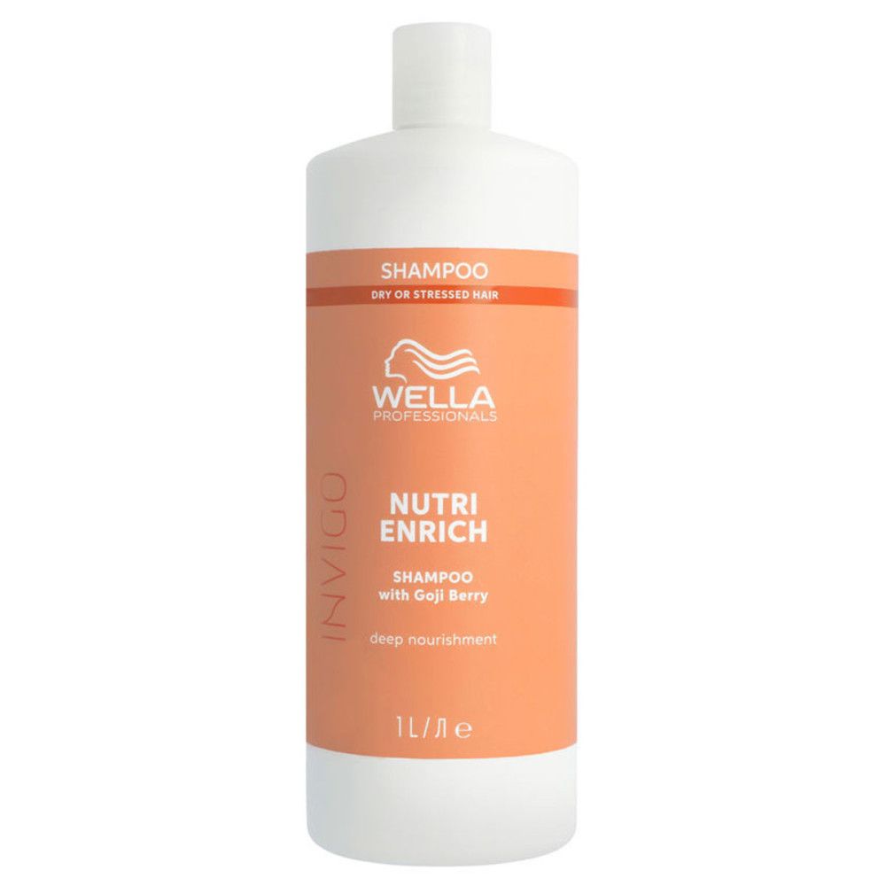 Weiß-orangefarbene Shampoo-Flasche. Aufschrift: Wella Professionals, Invigo, Nutri Enrich, Shampoo with Goji Berry. 1L.