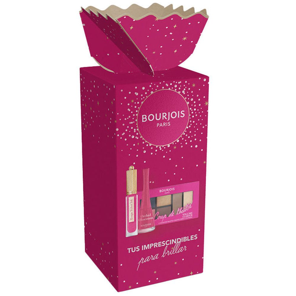 Pinkfarbene Geschenkbox mit Bourjois-Logo und Produktabbildungen. Enthält Lippenstift, Nagellack und Lidschatten. Text: "Tus imprescindibles para brillar".