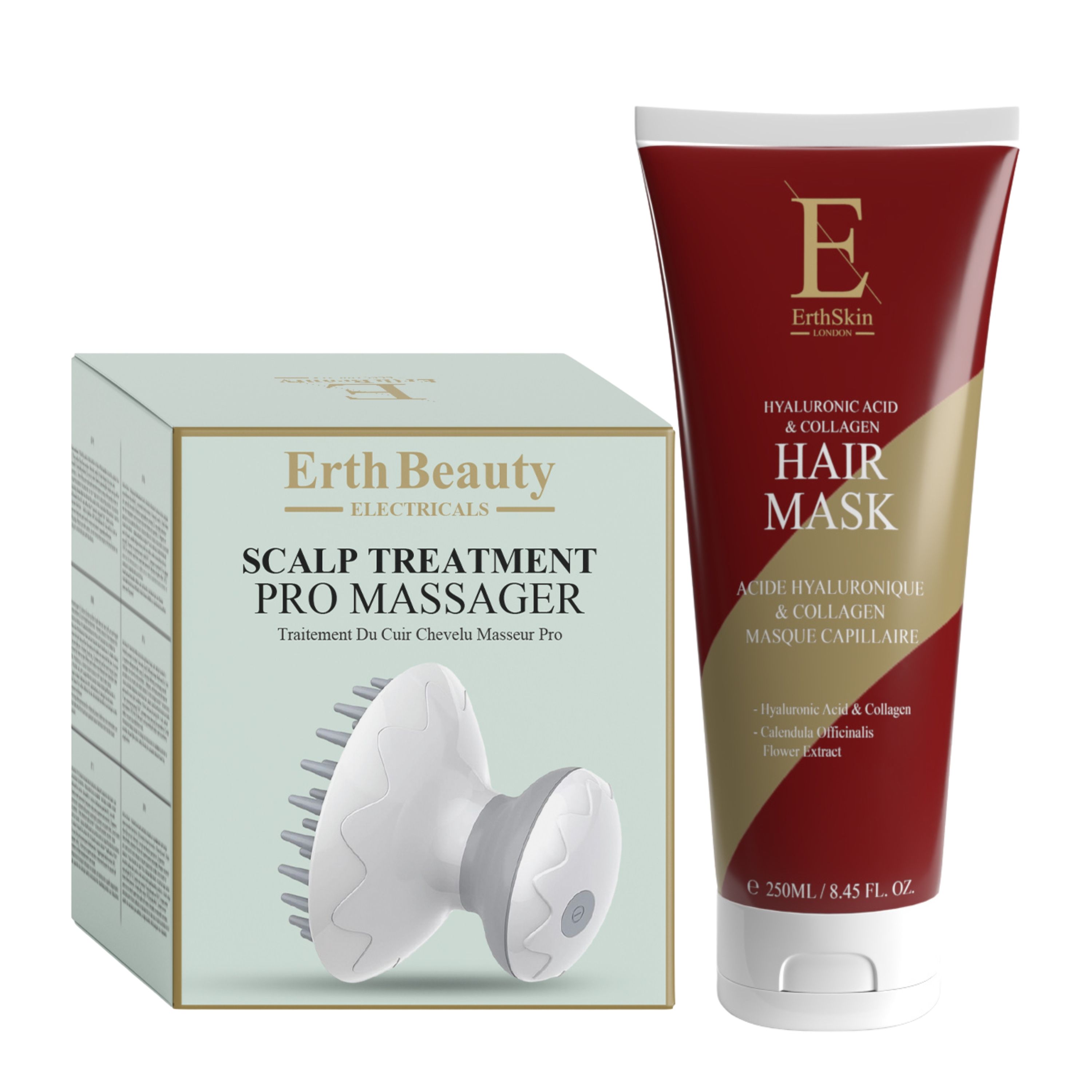 Kopfhautmassagegerät und Haarmaske. Die Maske ist in einer Tube, das Gerät in einer Schachtel. Beide Produkte sind nebeneinander platziert.