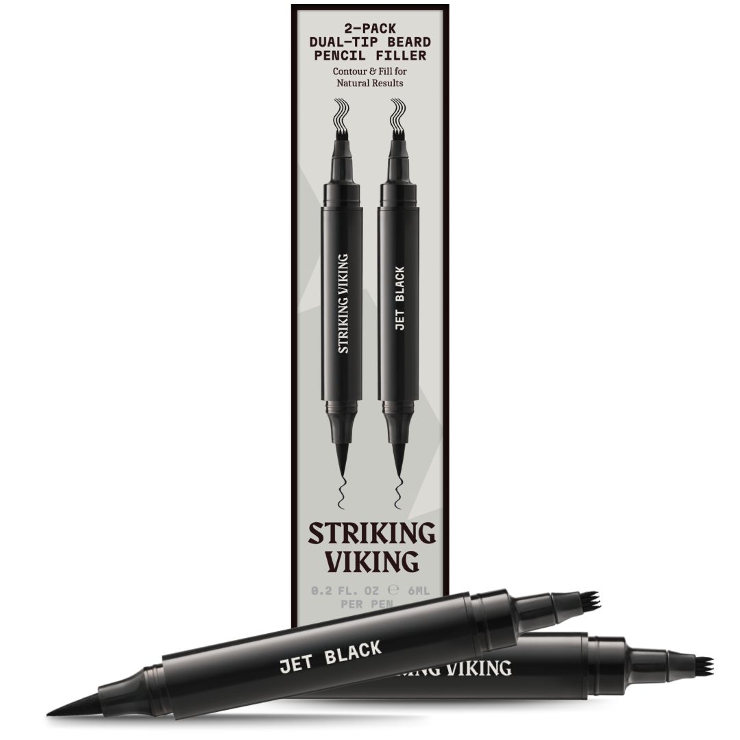 Zwei schwarze Bartauffüllstifte mit Doppelspitze. Auf der Verpackung steht "Striking Viking" und "Jet Black".