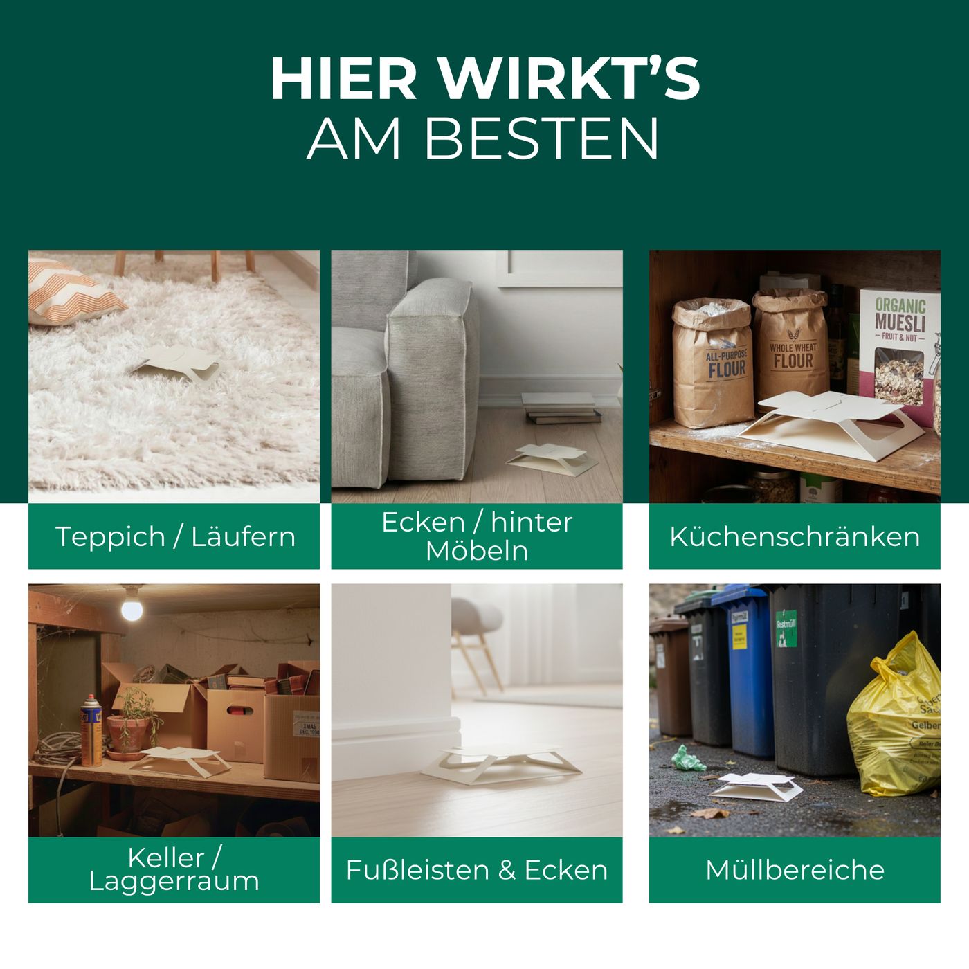 Anwendungsbereiche der Brotkäferfalle: Teppich, Ecken hinter Möbeln, Küchenschränke, Keller, Fußleisten, Müllbereiche. Fallen sichtbar.