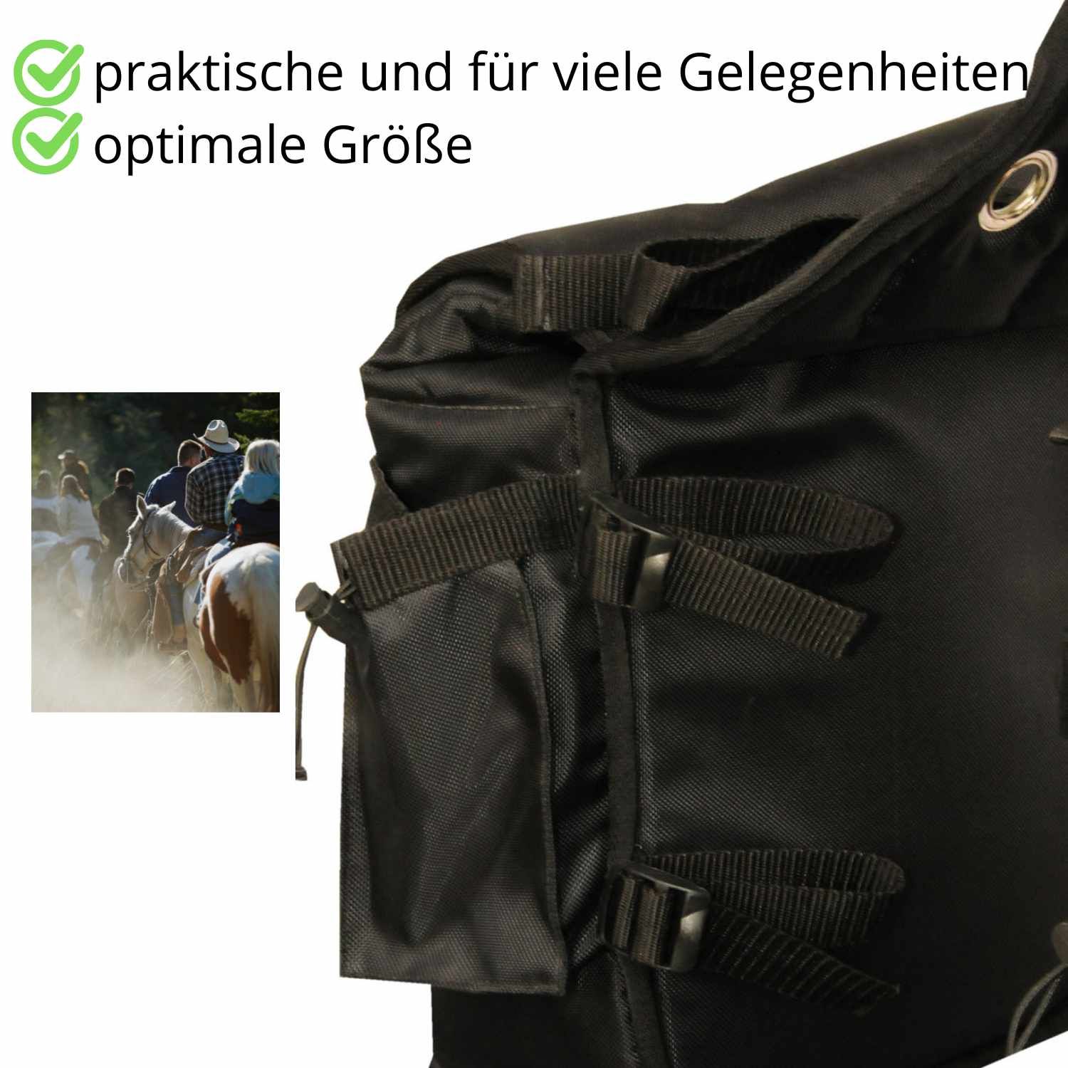 Schwarze Satteltasche mit mehreren Fächern und Gurten. Seitliche Taschen mit Schnallen. Text: praktische und für viele Gelegenheiten optimale Größe.
