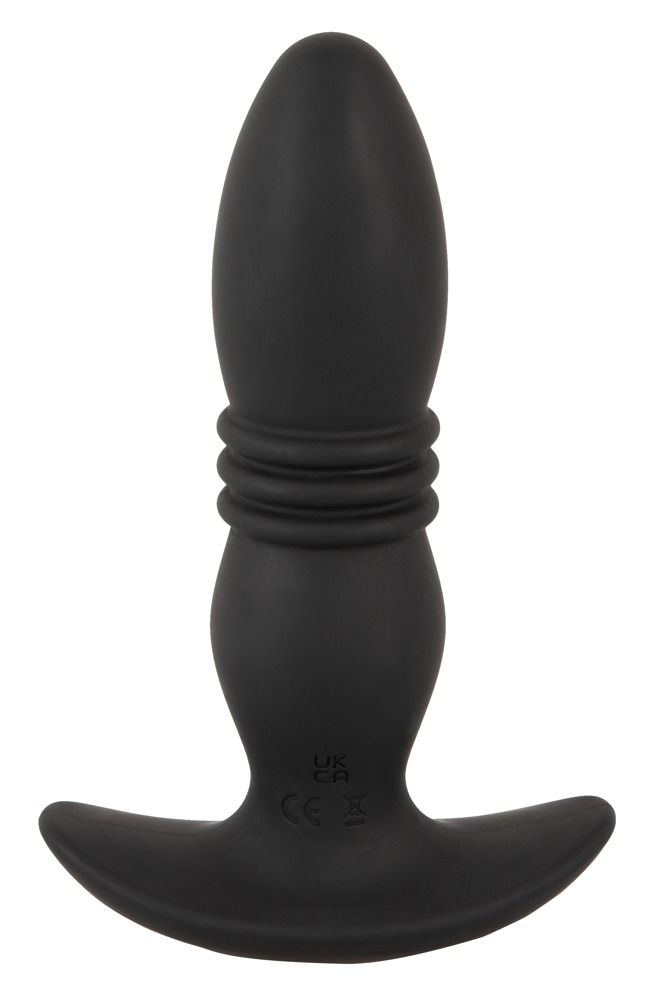 Schwarzes, kegelförmiges Wellness-Produkt mit geriffelter Mitte und T-förmiger Basis. Mit UK CA-Kennzeichnung.