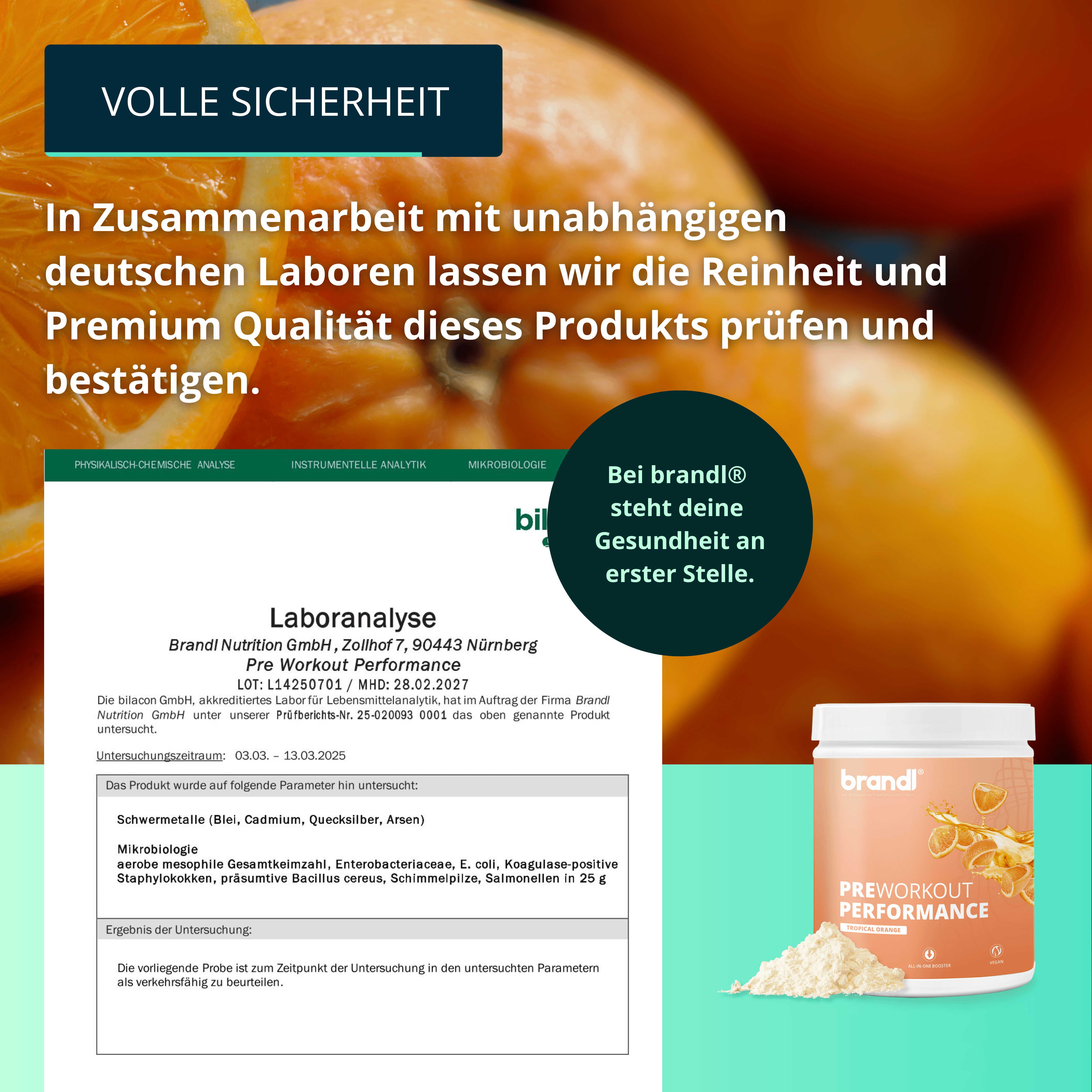 Dose brandl® Pre-Workout Performance, weißes Pulver und Laboranalyse. Text: Bei brandl® steht deine Gesundheit an erster Stelle.