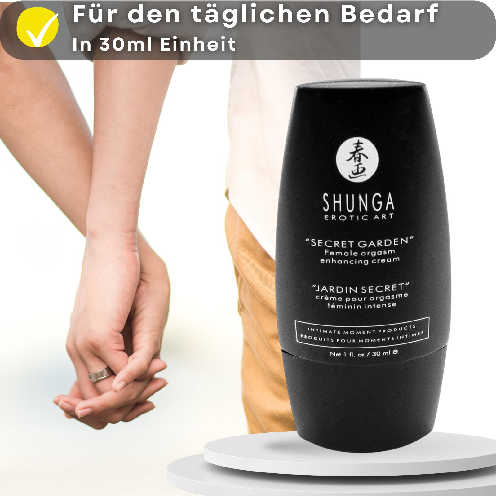 Produktflasche mit Text und Paar. Marke: Shunga.