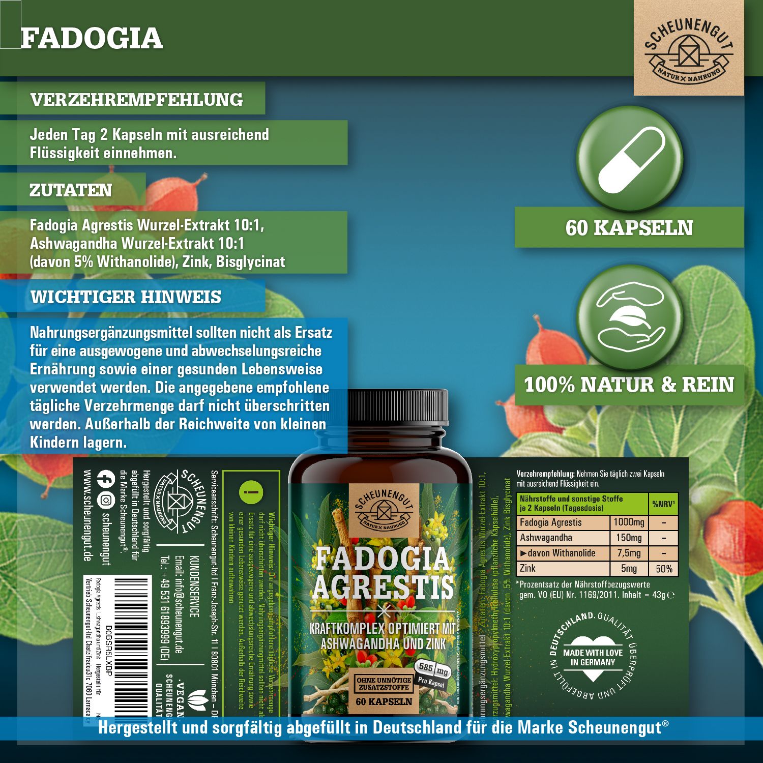 Braune Flasche mit Produktetikett. Text: 60 Kapseln. Zutaten: Fadogia Agrestis, Ashwagandha, Zink. 100% Natur & Rein.