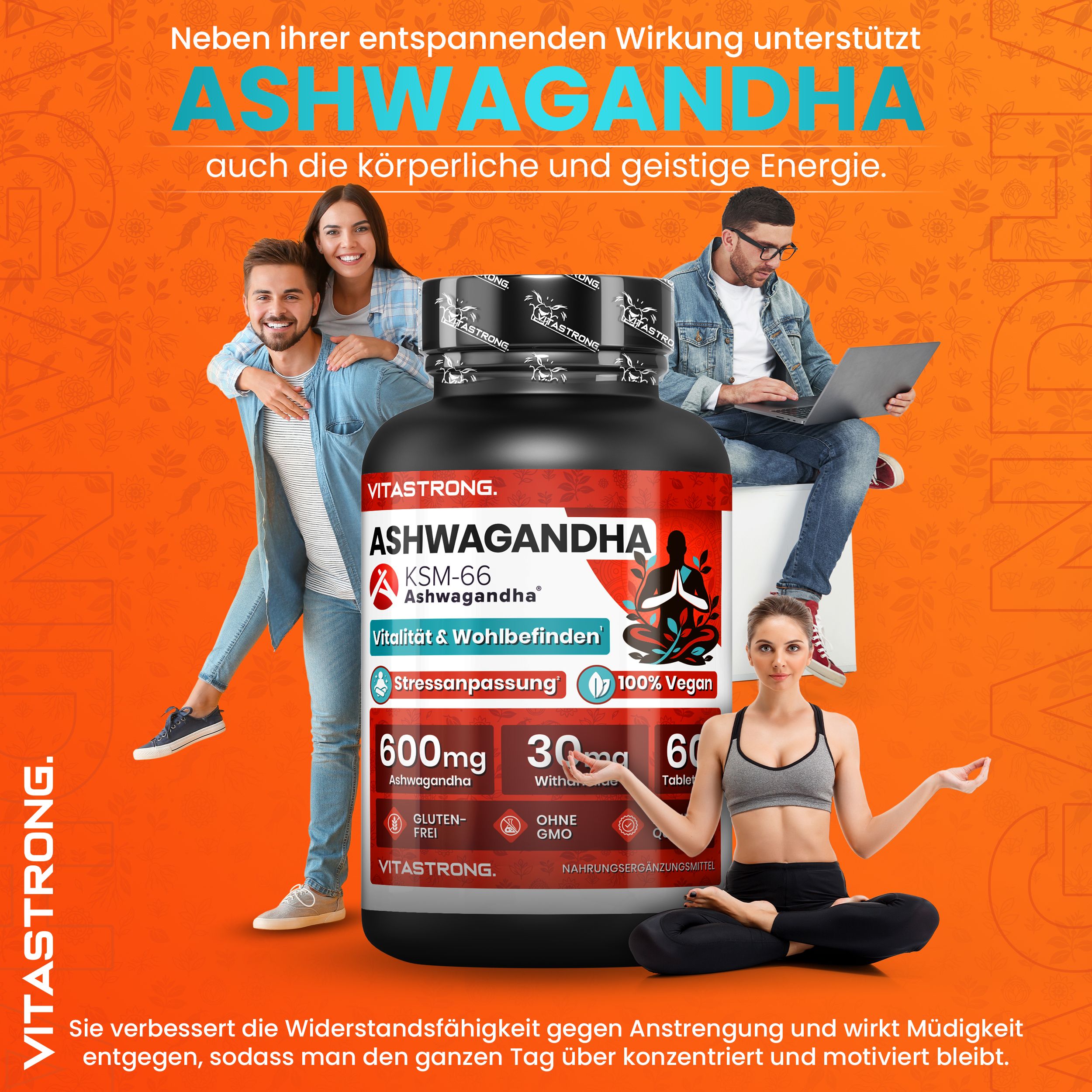 Ashwagandha KSM-66® Flasche. 60 Tabletten. Personen im Hintergrund. Hintergrund: orangefarben.