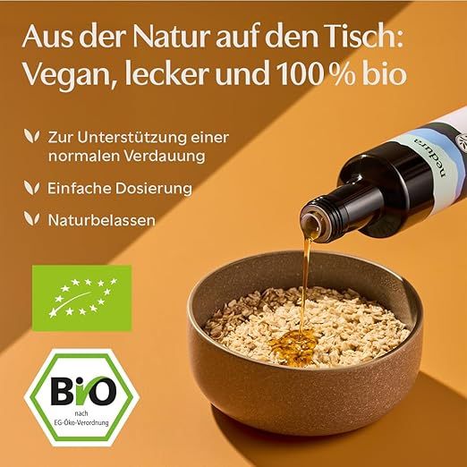 Öl wird in eine Schüssel gegossen. Bio-Siegel und Text: Vegan, lecker und 100% bio. Marke nedura.