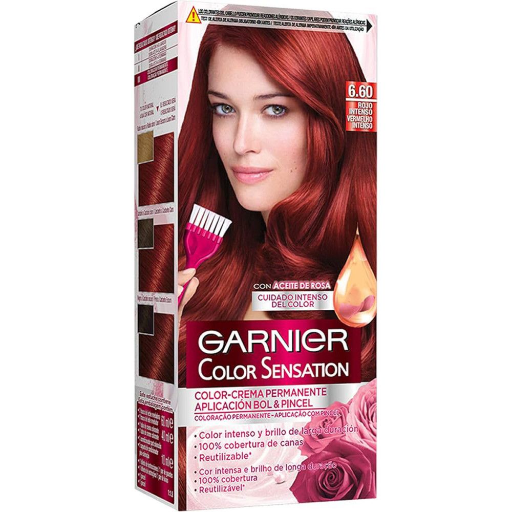 Verpackung von Garnier Color Sensation. Frau mit rotem Haar. Text: Color Sensation, 6.60, Rojo Intenso. Mit Pinsel und Produktinformationen.