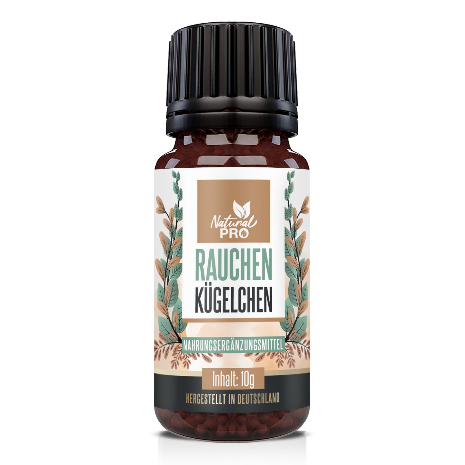 Natural Pro Rauchen Kügelchen: Fläschchen mit Kügelchen, Nährwertangaben und Herstellungsort.