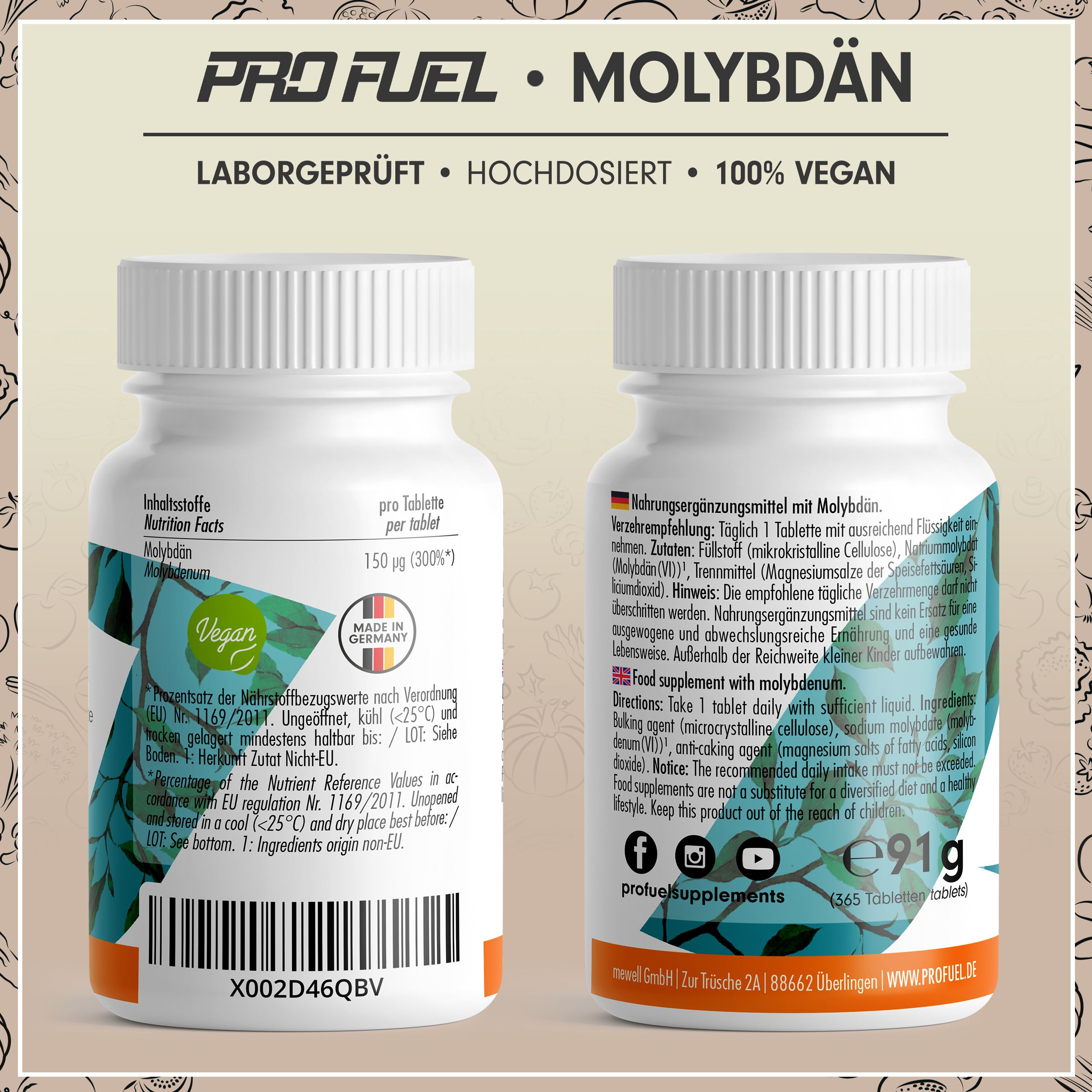 Zwei Seiten einer Flasche mit Molybdän-Tabletten. Text: Inhaltsstoffe, Anwendung, vegan, Made in Germany.