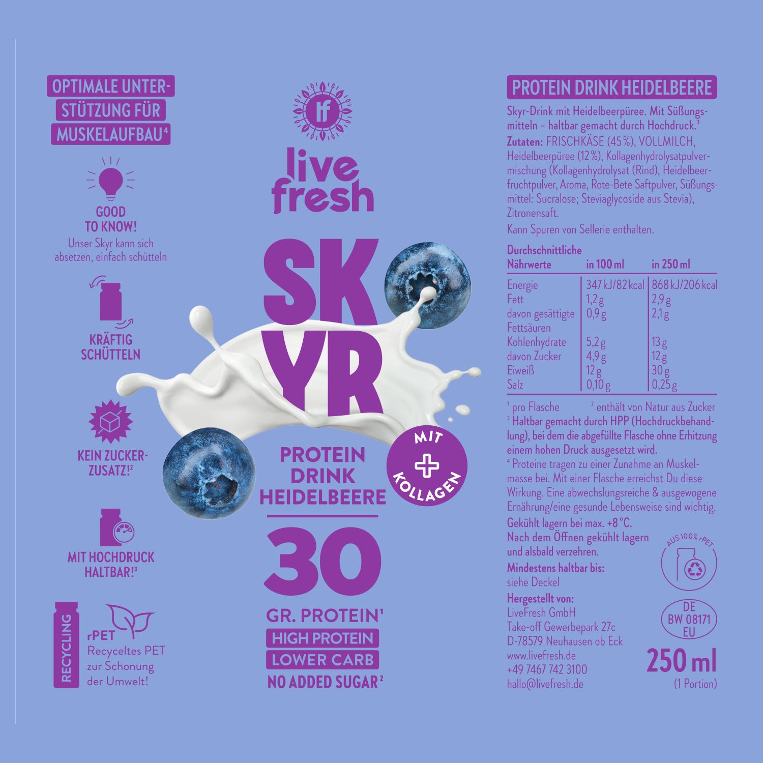 Rückseite einer Flasche Skyr Drink. Aufschrift: „SKYR“, „Protein Drink Heidelbeere“, „30 gr. Protein“, Nährwertangaben, Recycling-Symbol.