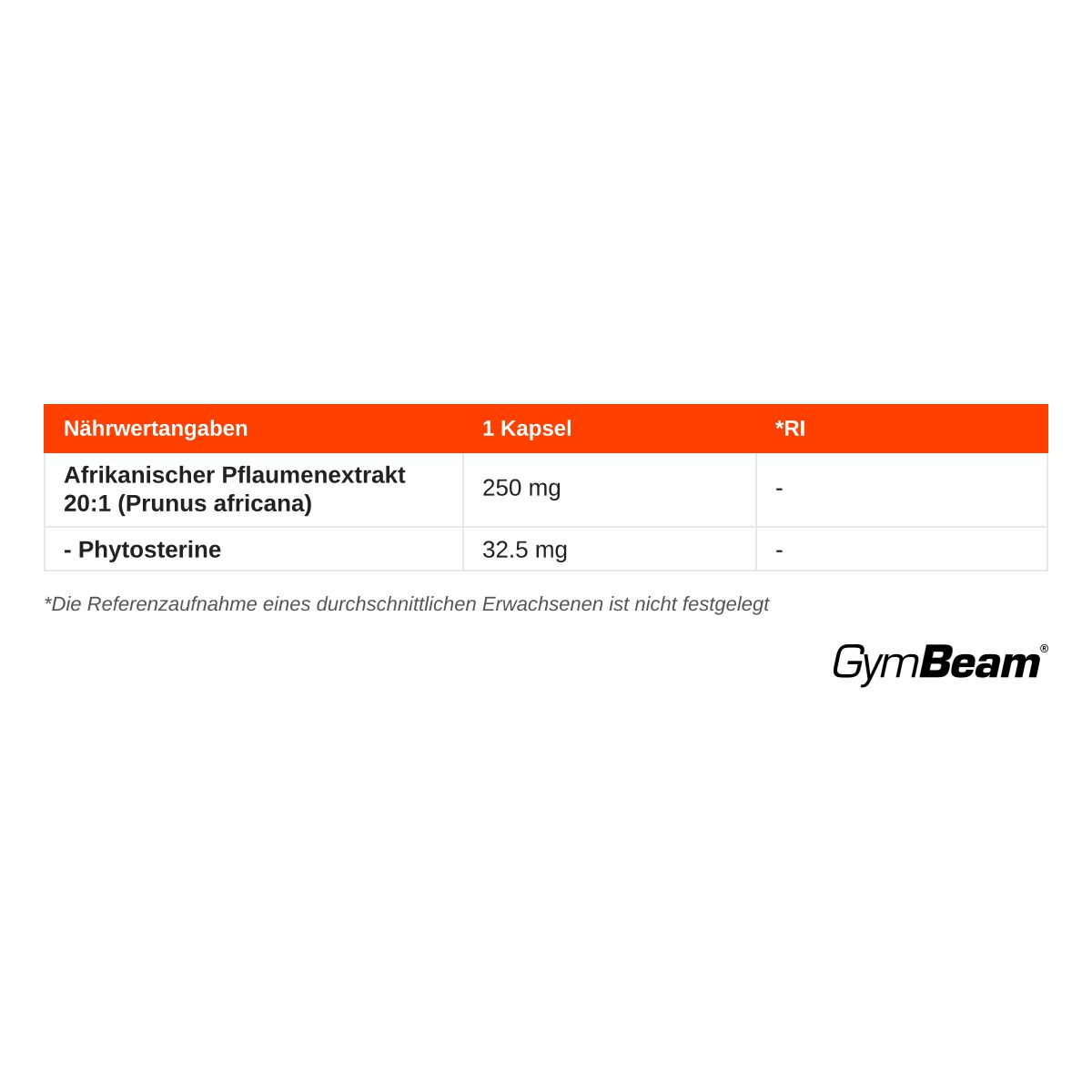 Nährwertangaben: Afrikanischer Pflaumenextrakt 20:1, 250 mg pro Kapsel. Enthält Phytosterine.
